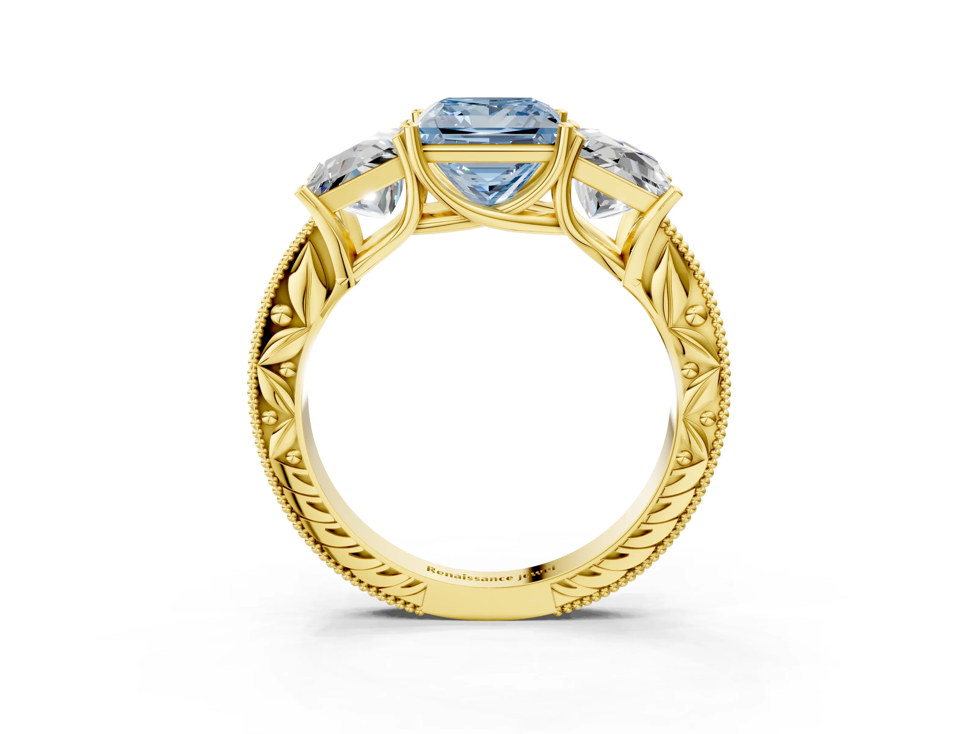 Yellow gold Three-Stone Fancy Blue Princess Cut Cut Milgrain Pavé Engagement Ring_3