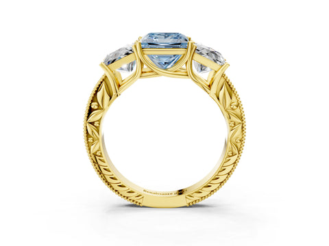 Yellow gold Three-Stone Fancy Blue Princess Cut Cut Milgrain Pavé Engagement Ring_3