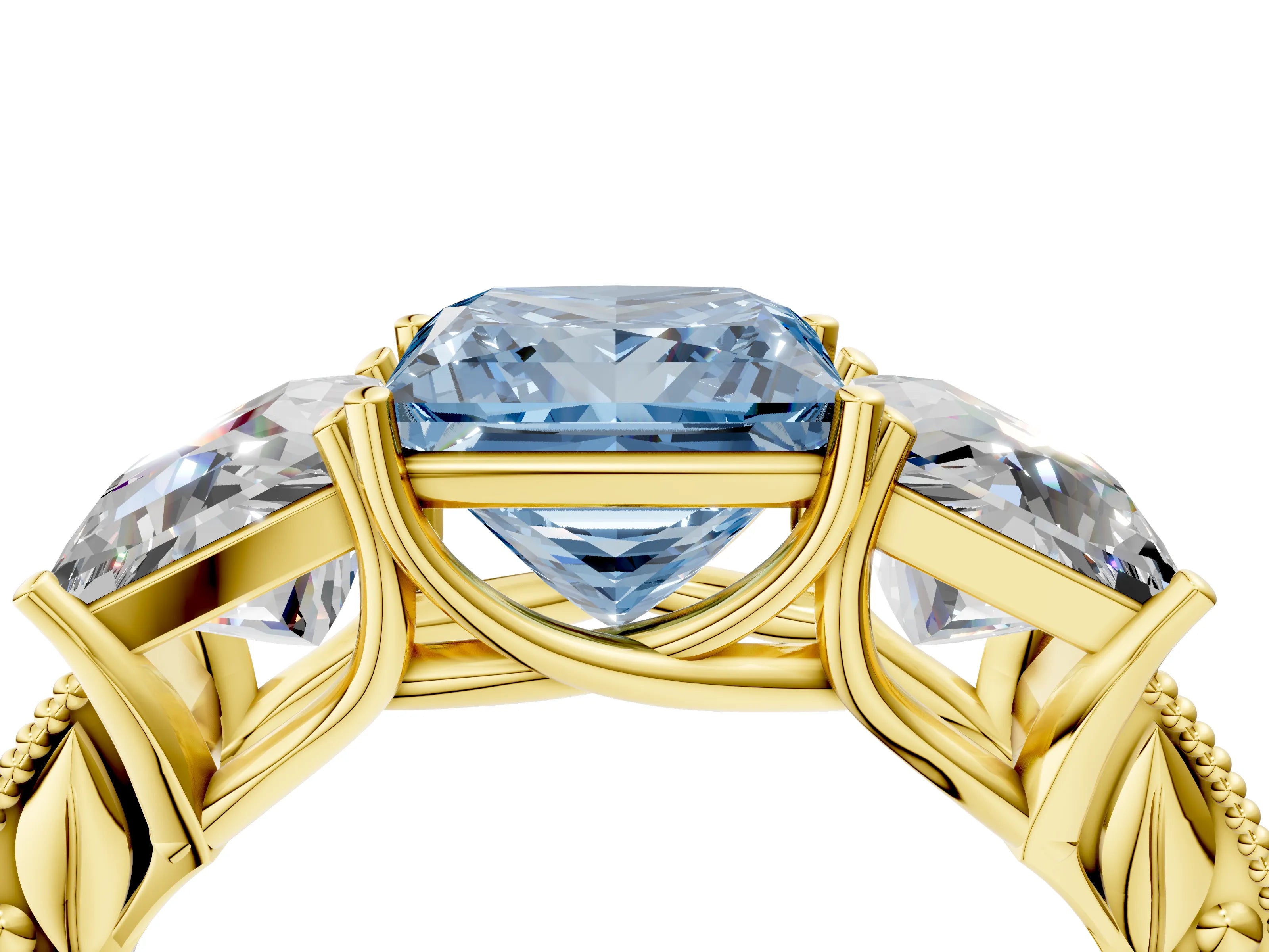 Yellow gold Three-Stone Fancy Blue Princess Cut Cut Milgrain Pavé Engagement Ring_4