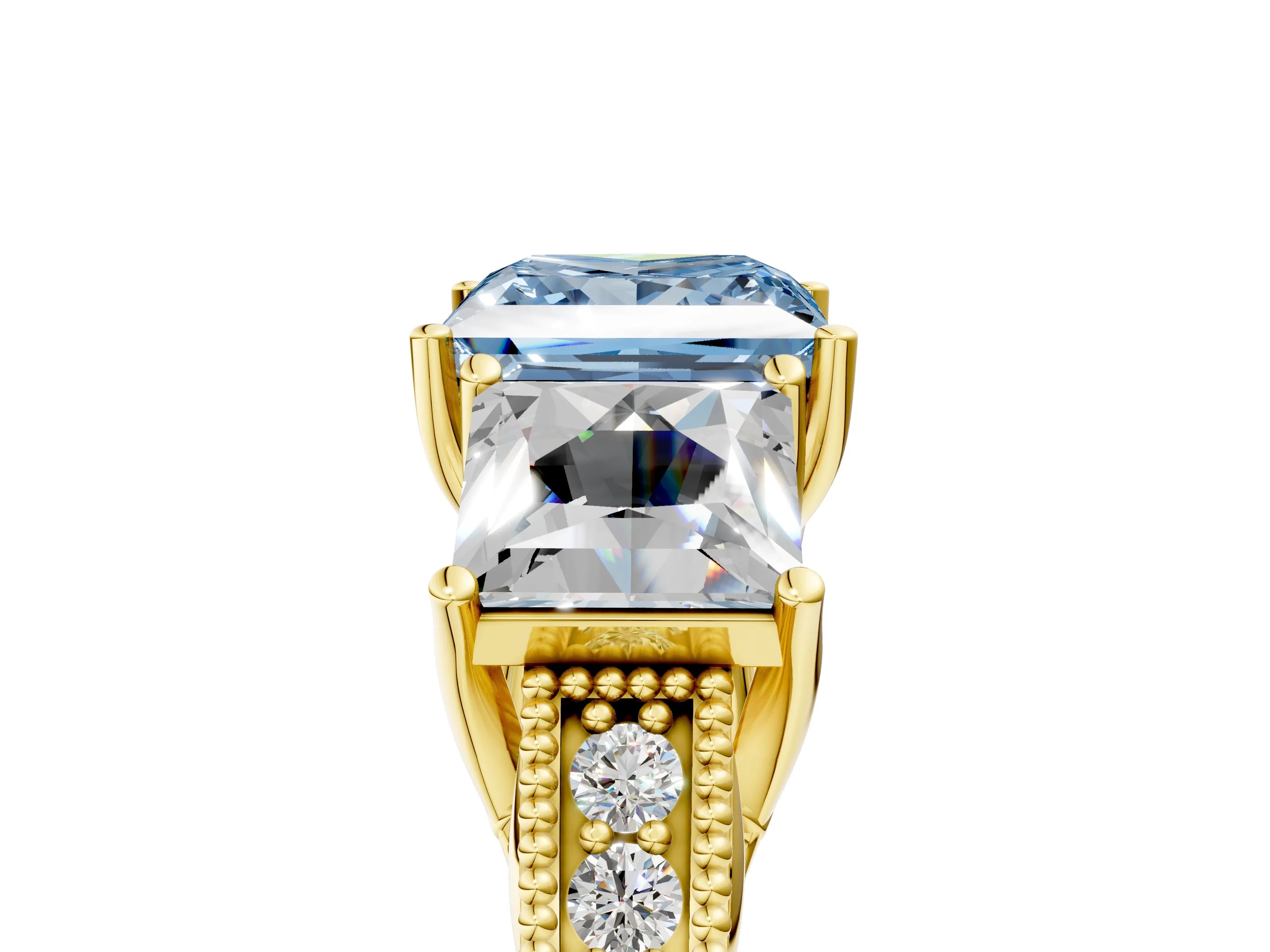 Yellow gold Three-Stone Fancy Blue Princess Cut Cut Milgrain Pavé Engagement Ring_5