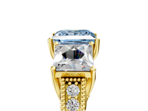 Yellow gold Three-Stone Fancy Blue Princess Cut Cut Milgrain Pavé Engagement Ring_5
