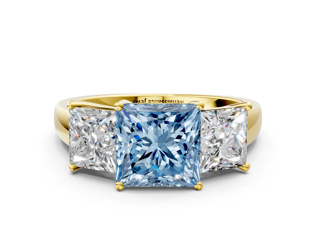 Yellow gold Three-Stone Fancy Blue Princess Cut Cut Solitaire Ring with Classic Prong Setting