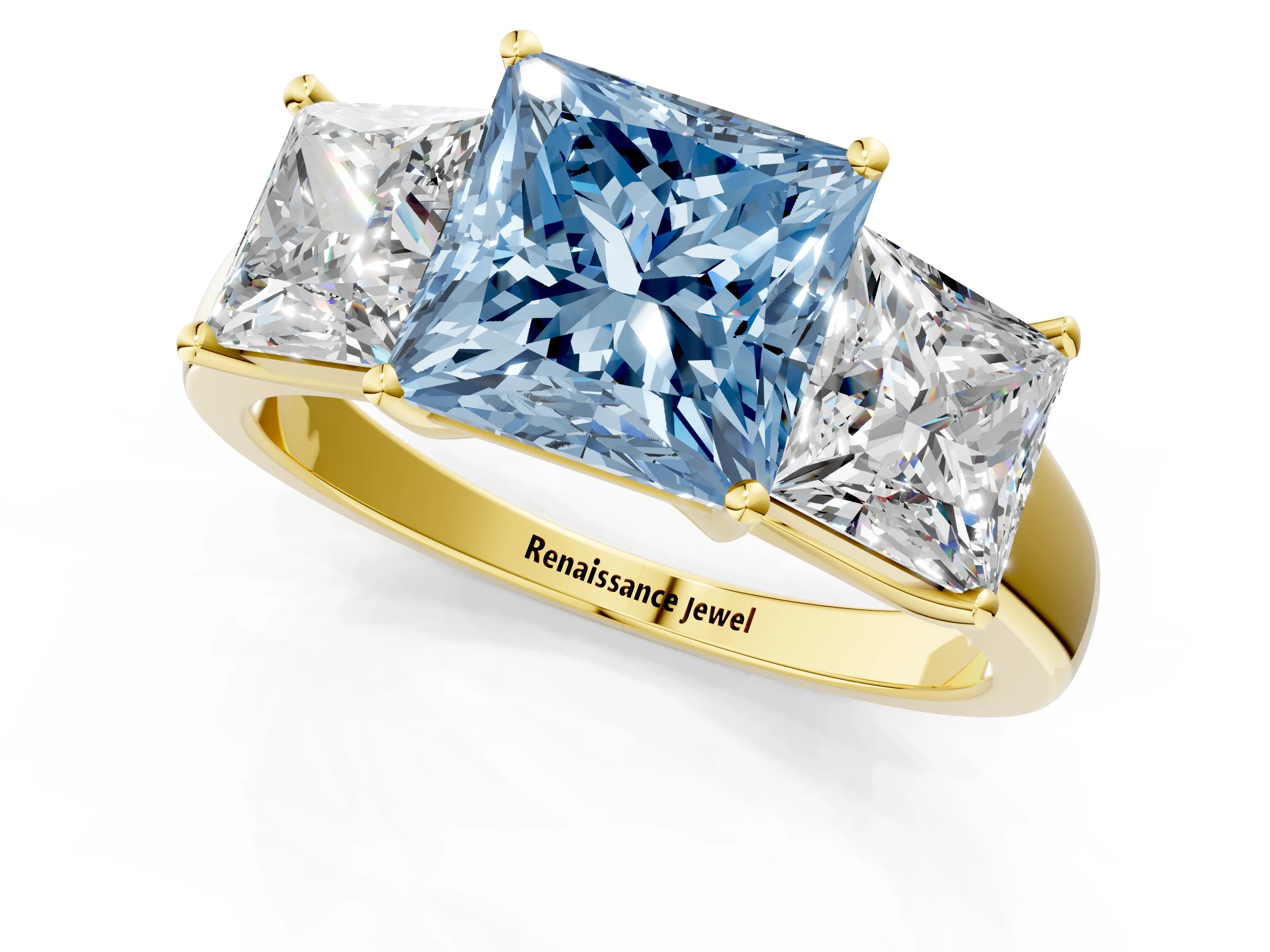 Yellow gold Three-Stone Fancy Blue Princess Cut Cut Solitaire Ring with Classic Prong Setting_1