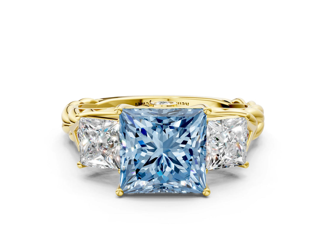 Yellow gold Three-Stone Fancy Blue Princess Cut Diamond Braided Band Ring with Four-Prong Setting_40