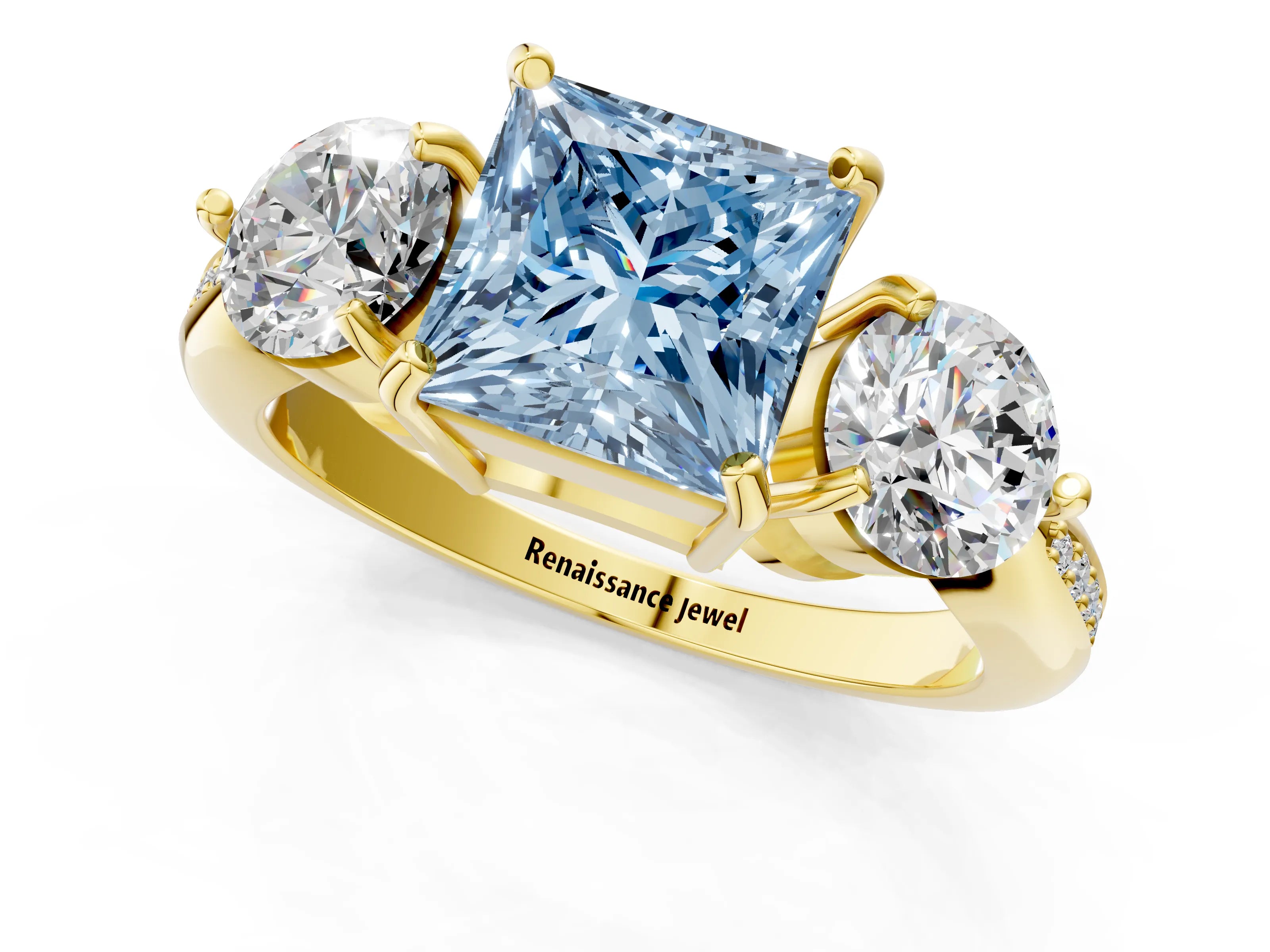Yellow gold Three-Stone Fancy Blue Princess Cut Diamond Channel Set Engagement Ring with Prong Setting_1