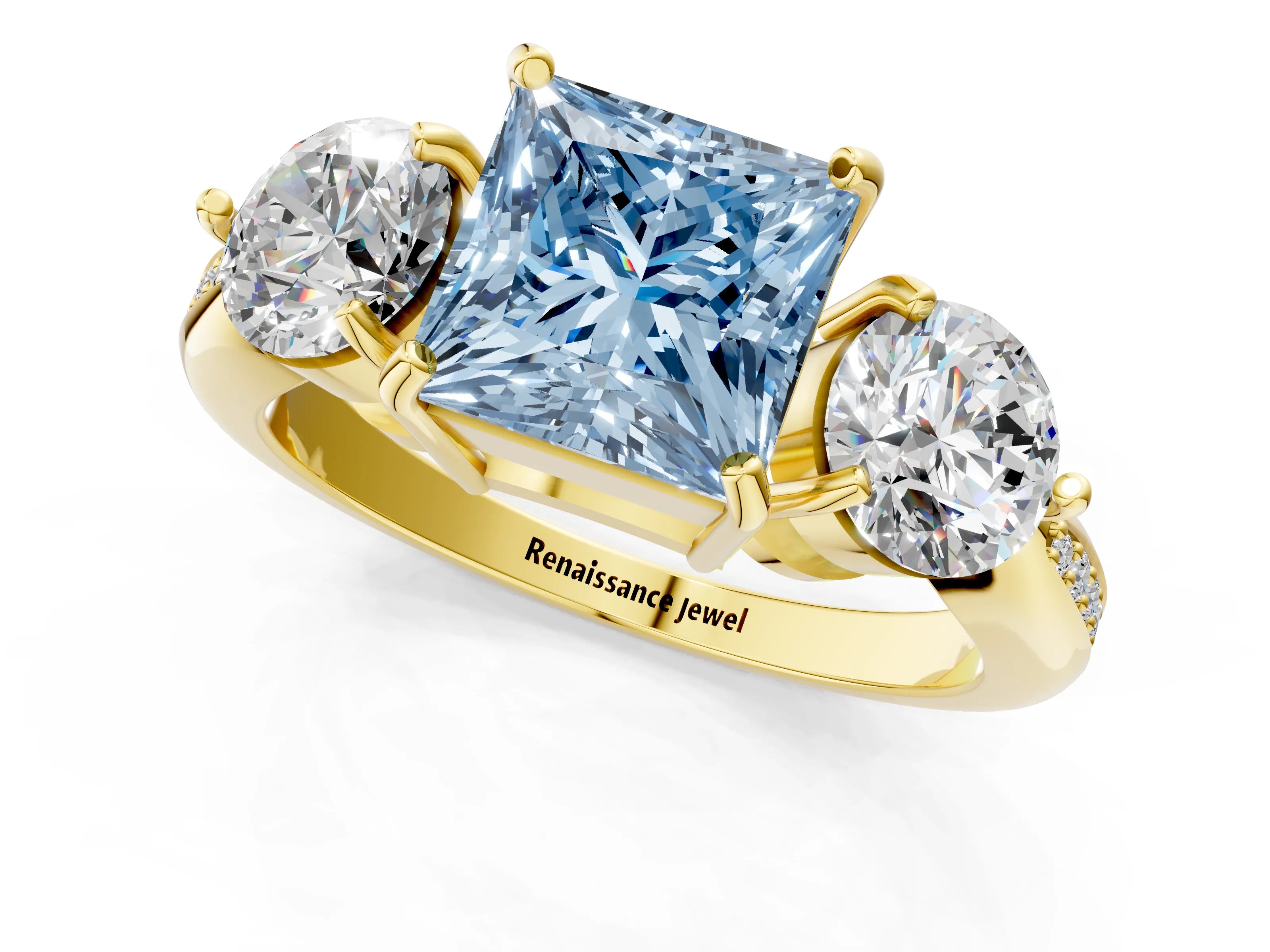 Yellow gold Three-Stone Fancy Blue Princess Cut Diamond Channel Set Engagement Ring with Prong Setting_13