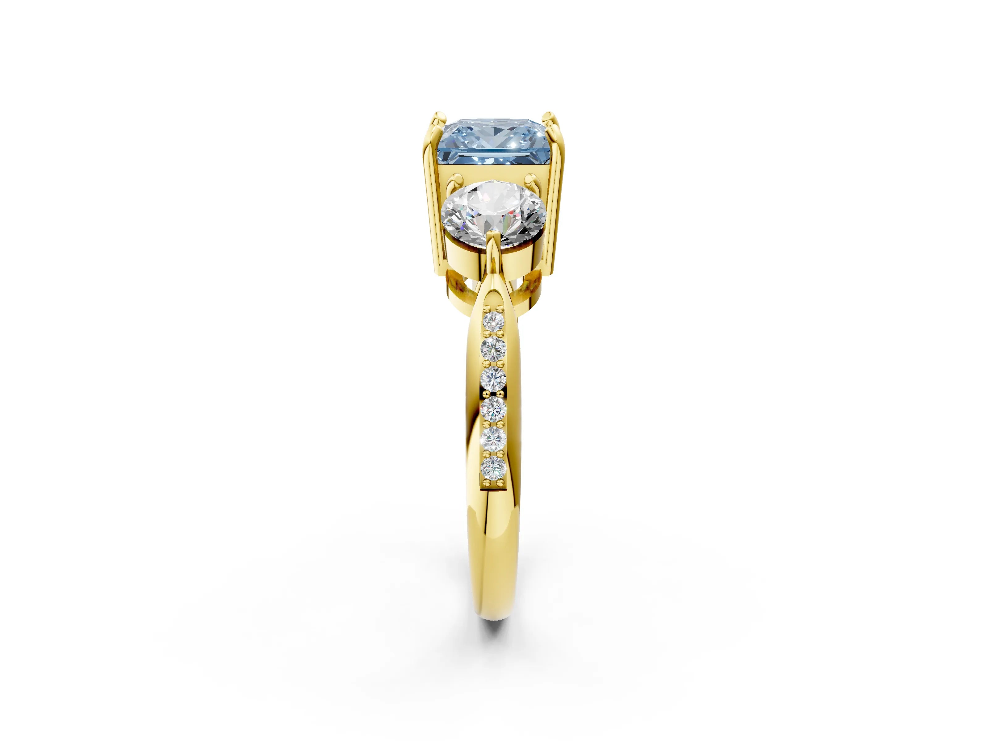 Yellow gold Three-Stone Fancy Blue Princess Cut Diamond Channel Set Engagement Ring with Prong Setting_14