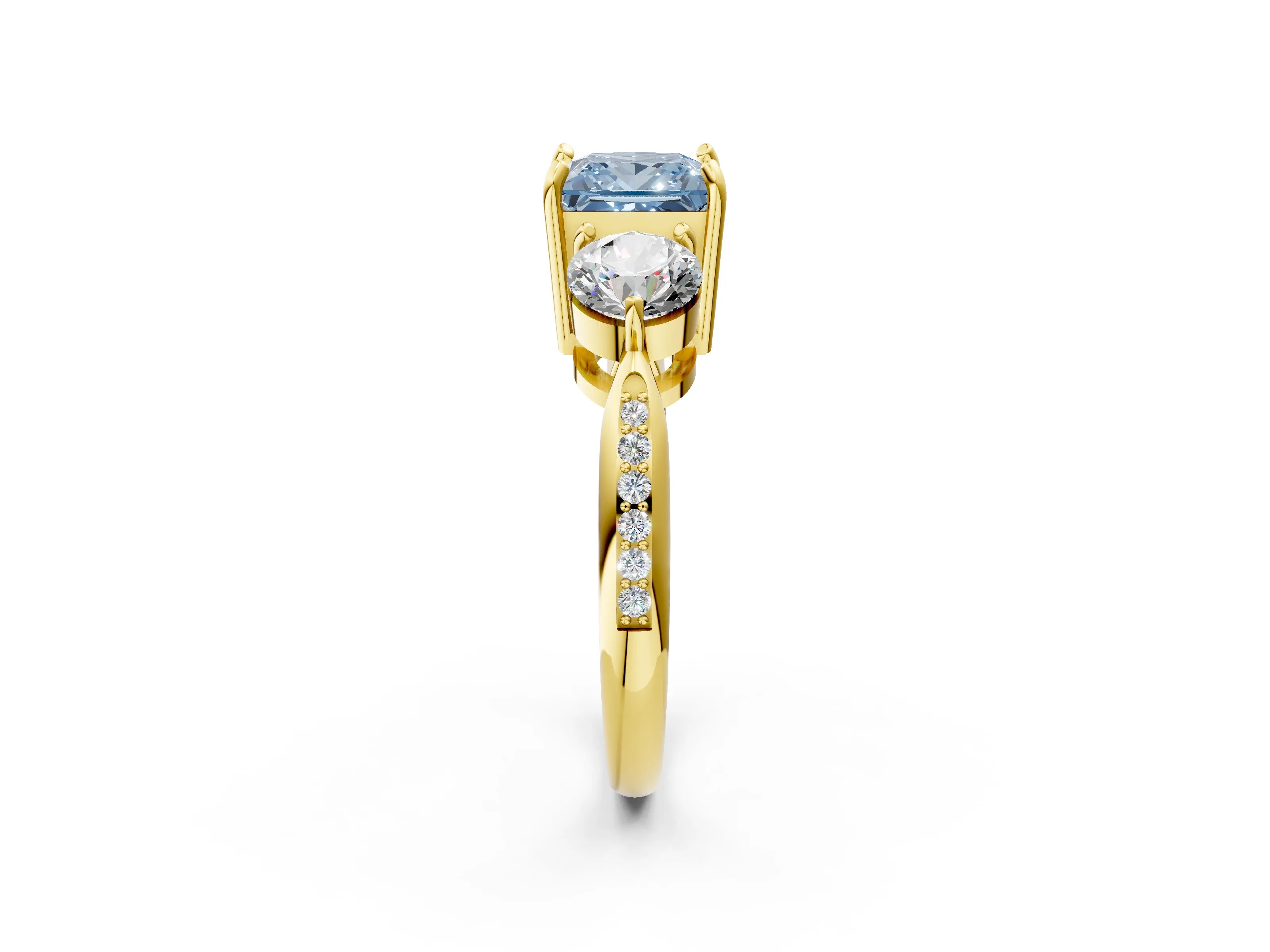 Yellow gold Three-Stone Fancy Blue Princess Cut Diamond Channel Set Engagement Ring with Prong Setting_2