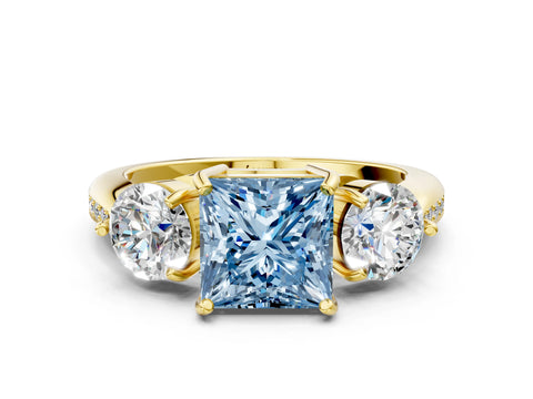 Yellow gold Three-Stone Fancy Blue Princess Cut Diamond Channel Set Engagement Ring with Prong Setting