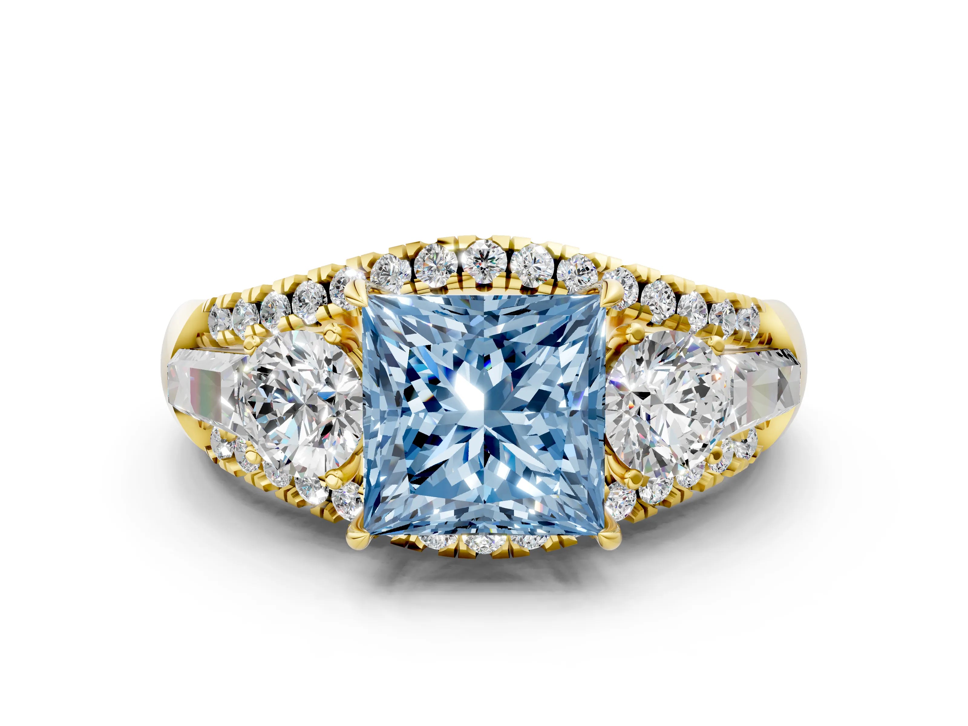 Yellow gold Three-Stone Fancy Blue Princess Cut Diamond Engagement Ring with Pave Band and Prong Setting