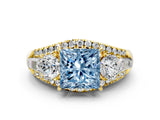 Yellow gold Three-Stone Fancy Blue Princess Cut Diamond Engagement Ring with Pave Band and Prong Setting