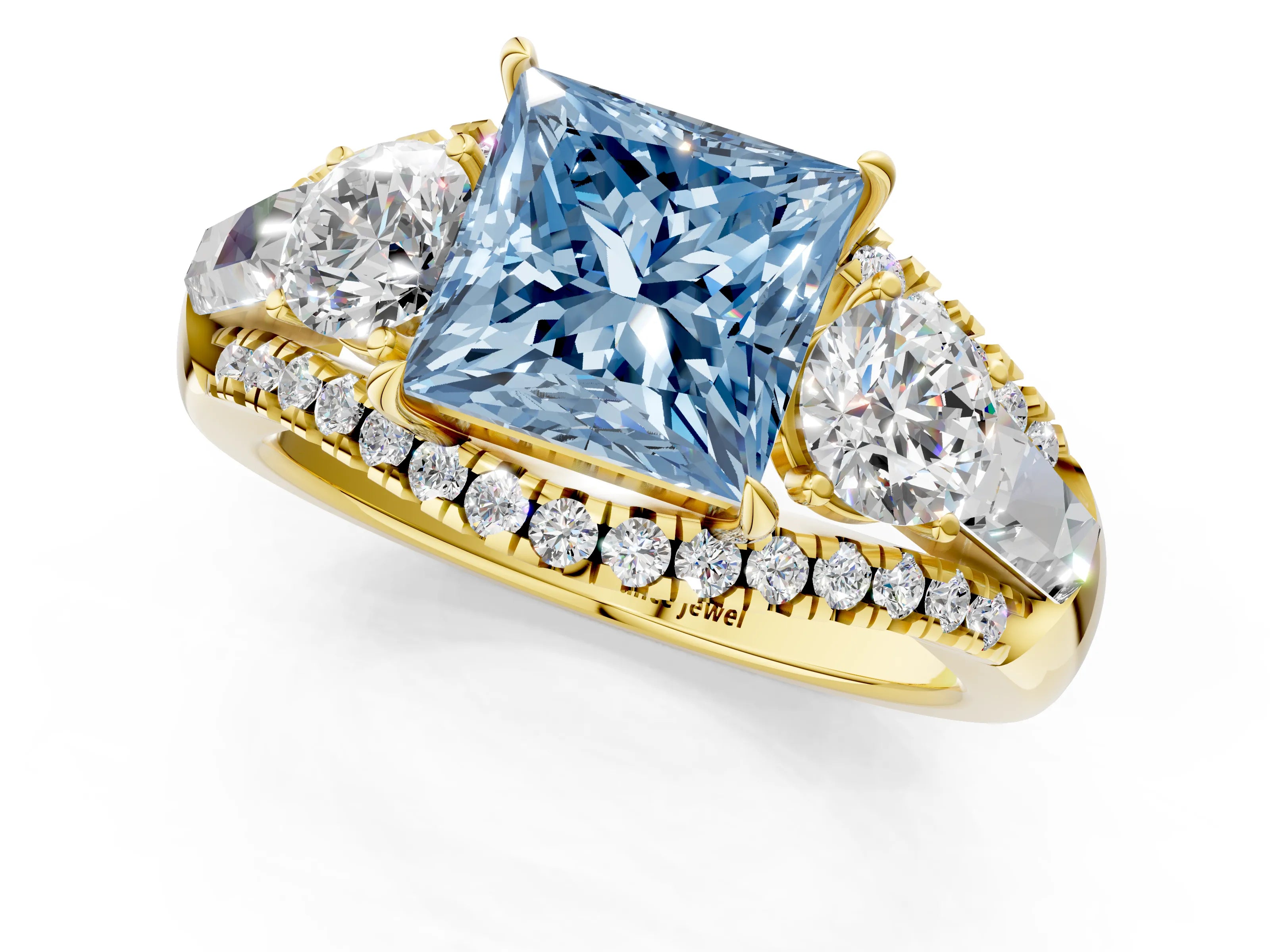 Yellow gold Three-Stone Fancy Blue Princess Cut Diamond Engagement Ring with Pave Band and Prong Setting_1