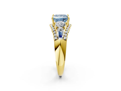 Yellow gold Three-Stone Fancy Blue Princess Cut Diamond Engagement Ring with Pave Band and Prong Setting_2