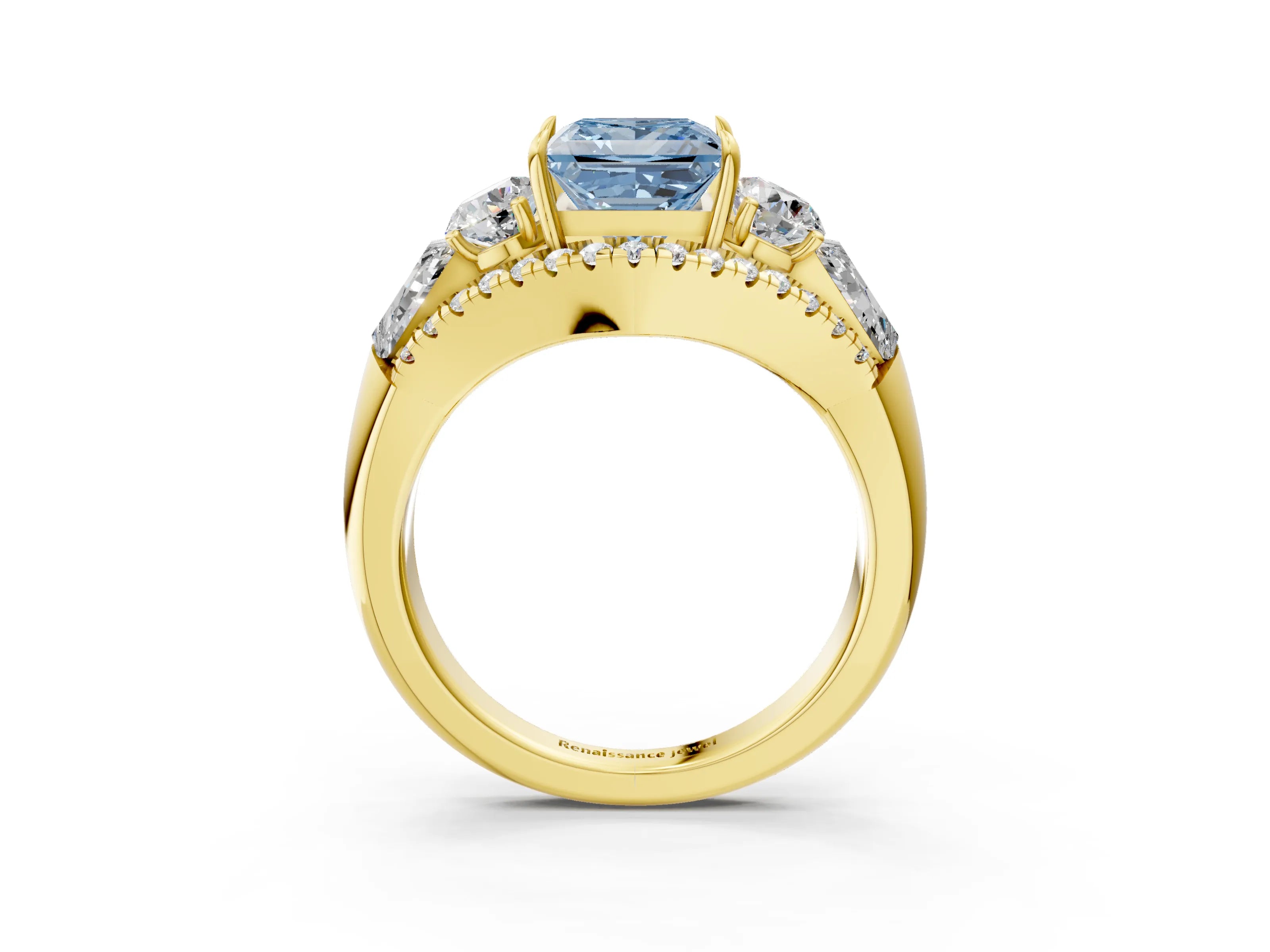 Yellow gold Three-Stone Fancy Blue Princess Cut Diamond Engagement Ring with Pave Band and Prong Setting_3