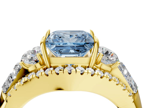 Yellow gold Three-Stone Fancy Blue Princess Cut Diamond Engagement Ring with Pave Band and Prong Setting_4