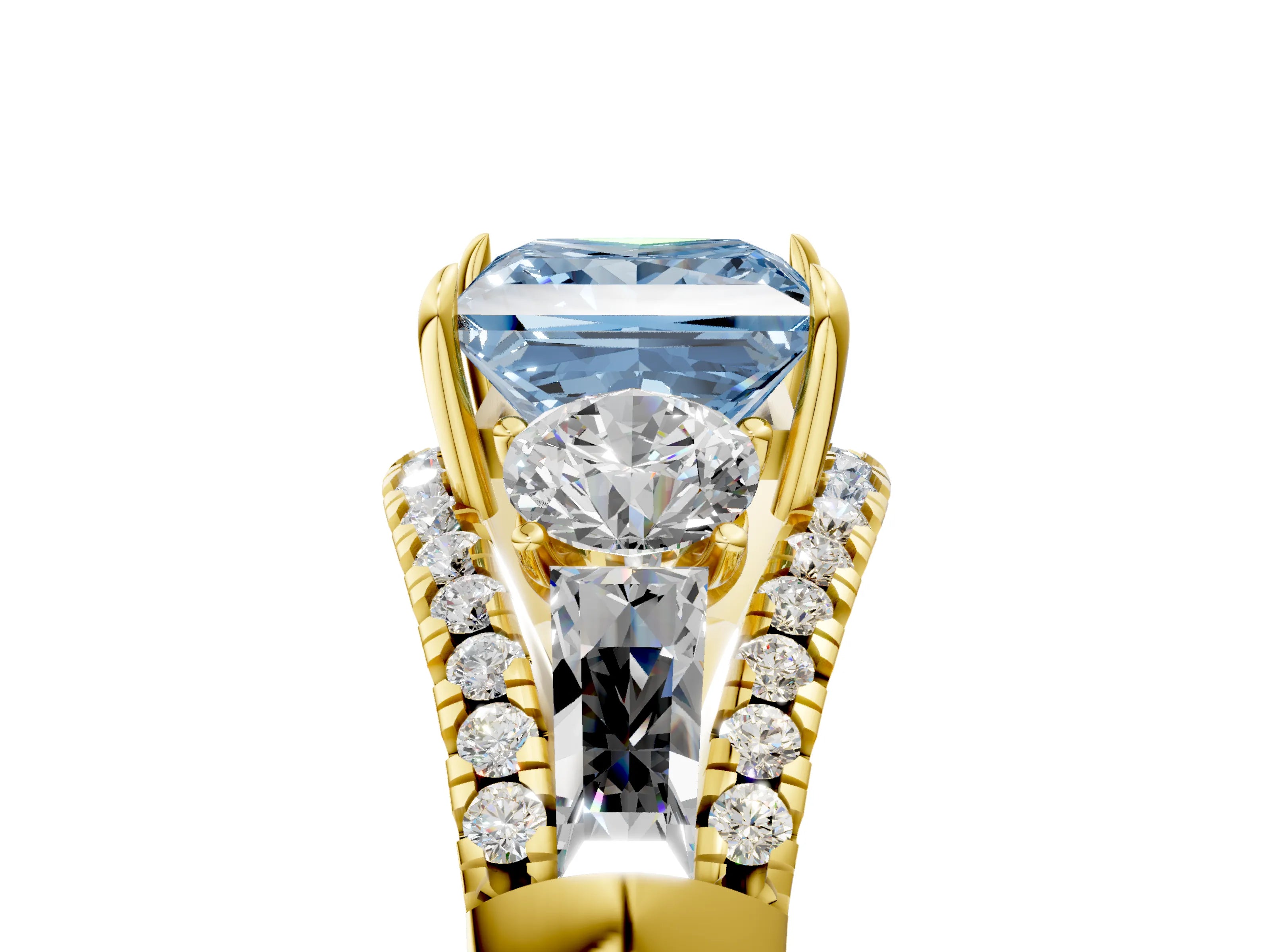 Yellow gold Three-Stone Fancy Blue Princess Cut Diamond Engagement Ring with Pave Band and Prong Setting_5