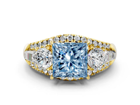 Yellow gold Three-Stone Fancy Blue Princess Cut Diamond Engagement Ring with Pave Band and Prong Setting
