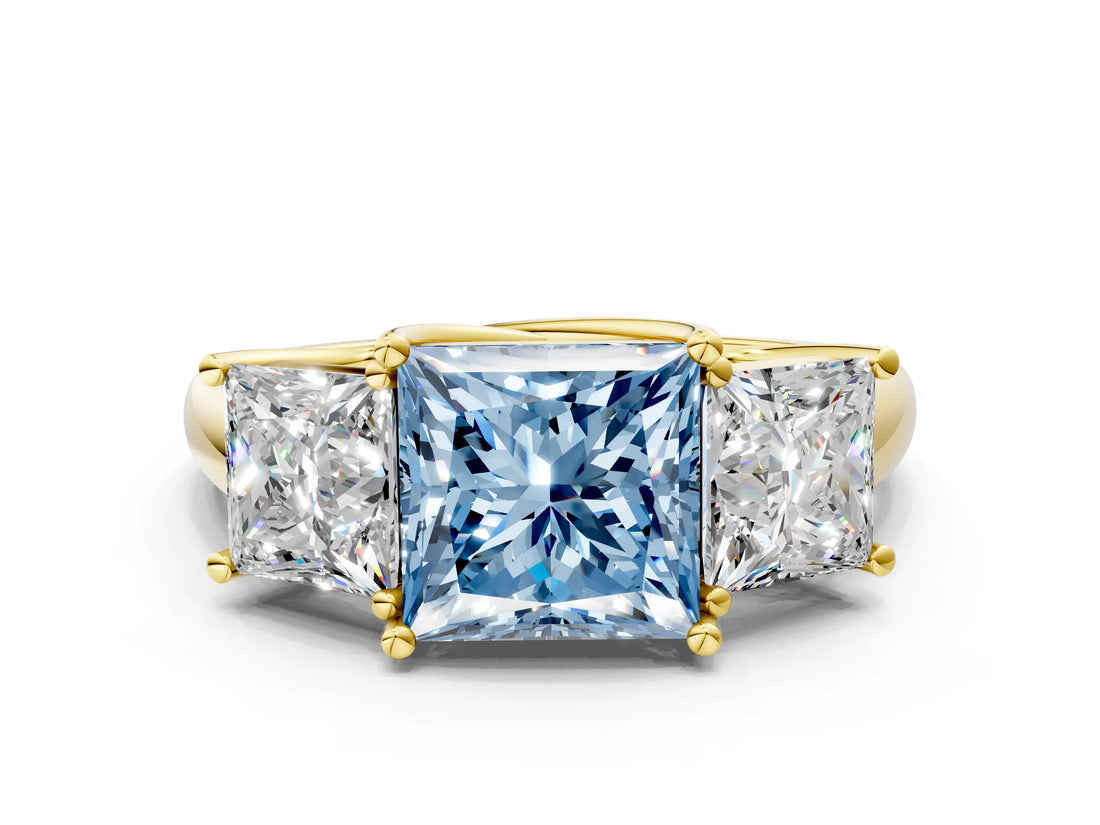 Yellow gold Three-Stone Fancy Blue Princess Cut Diamond Engagement Rin
