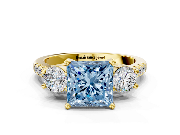 Yellow gold Three-Stone Fancy Blue Princess Cut Diamond Pavé Band with Four-Prong Setting