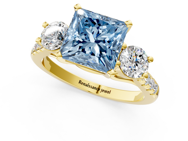 Yellow gold Three-Stone Fancy Blue Princess Cut Diamond Pavé Band with Four-Prong Setting