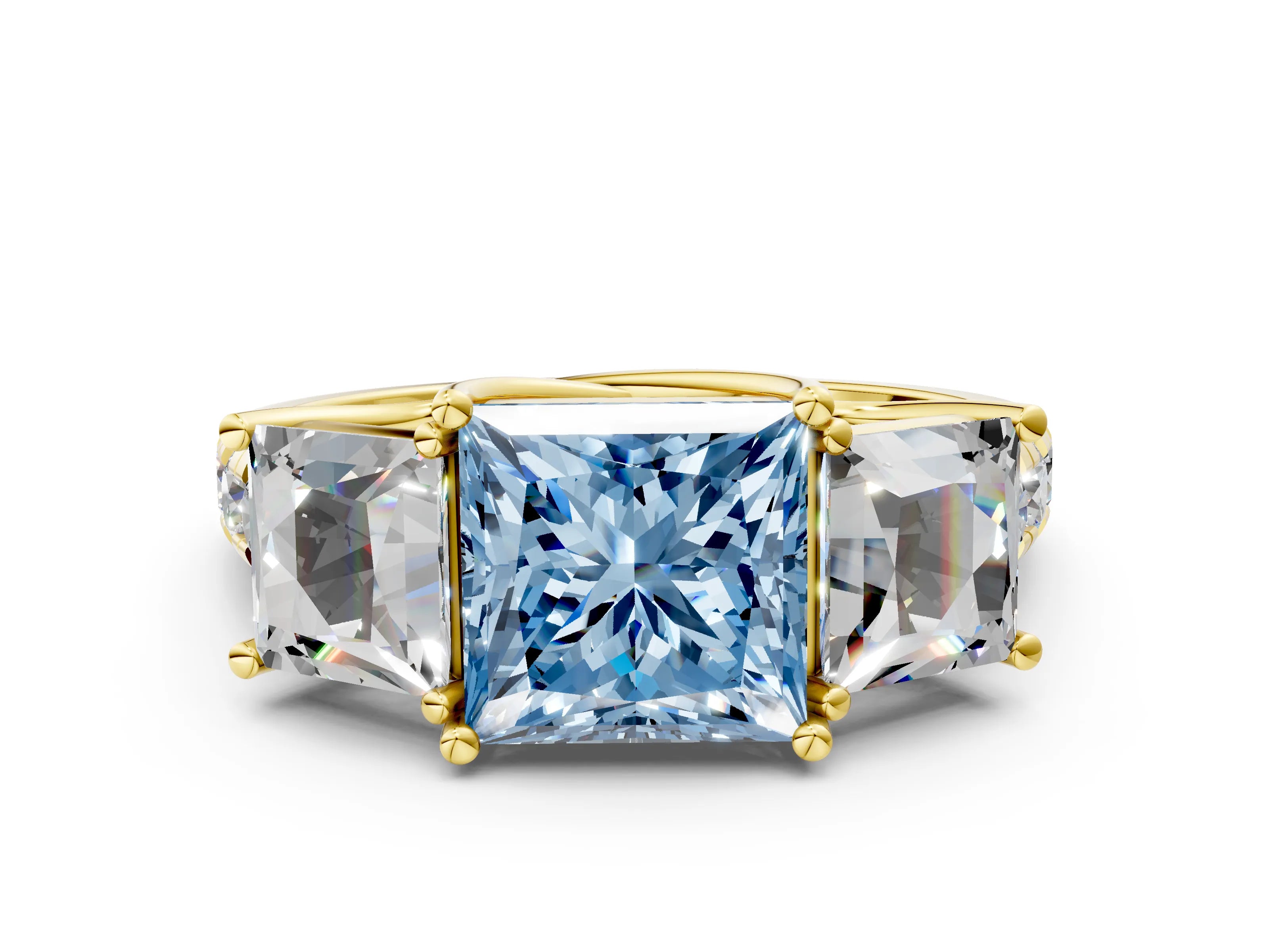 Yellow gold Three-Stone Fancy Blue Princess Cut Diamond Pavé Band with Prong Setting