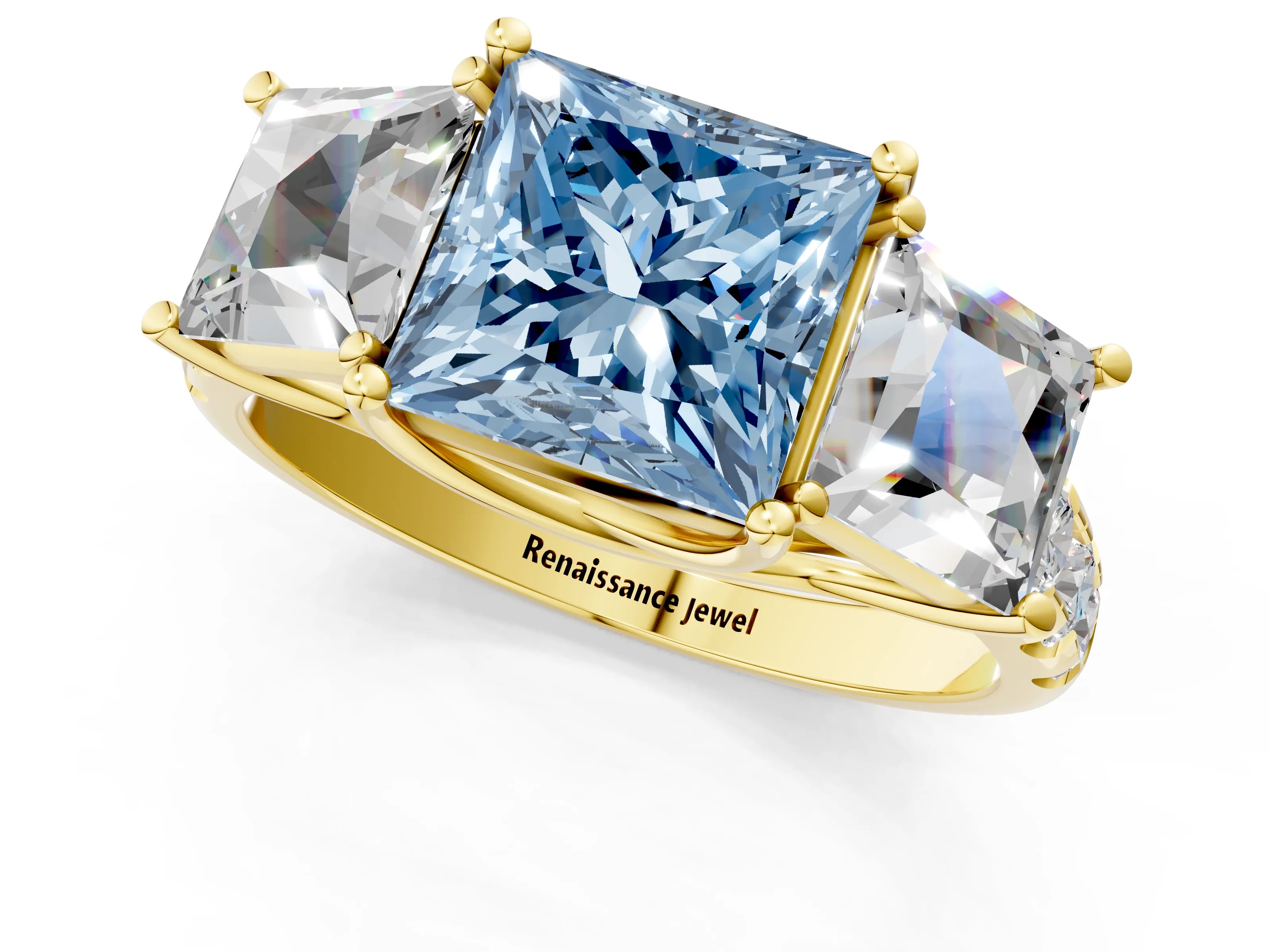Yellow gold Three-Stone Fancy Blue Princess Cut Diamond Pavé Band with Prong Setting_1