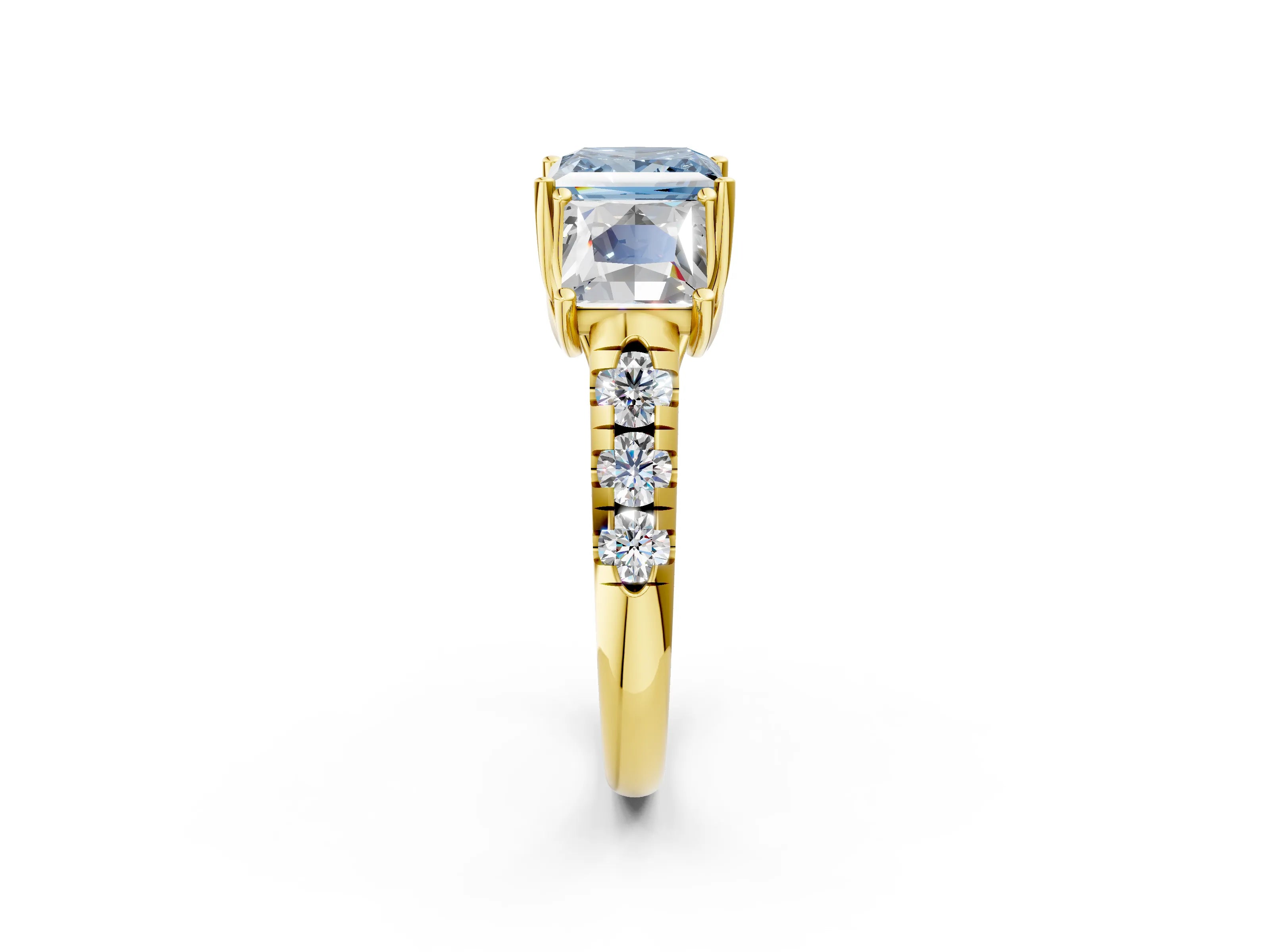 Yellow gold Three-Stone Fancy Blue Princess Cut Diamond Pavé Band with Prong Setting_2