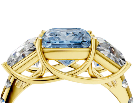 Yellow gold Three-Stone Fancy Blue Princess Cut Diamond Pavé Band with Prong Setting_4
