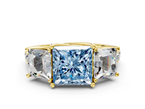 Yellow gold Three-Stone Fancy Blue Princess Cut Diamond Pavé Band with Prong Setting