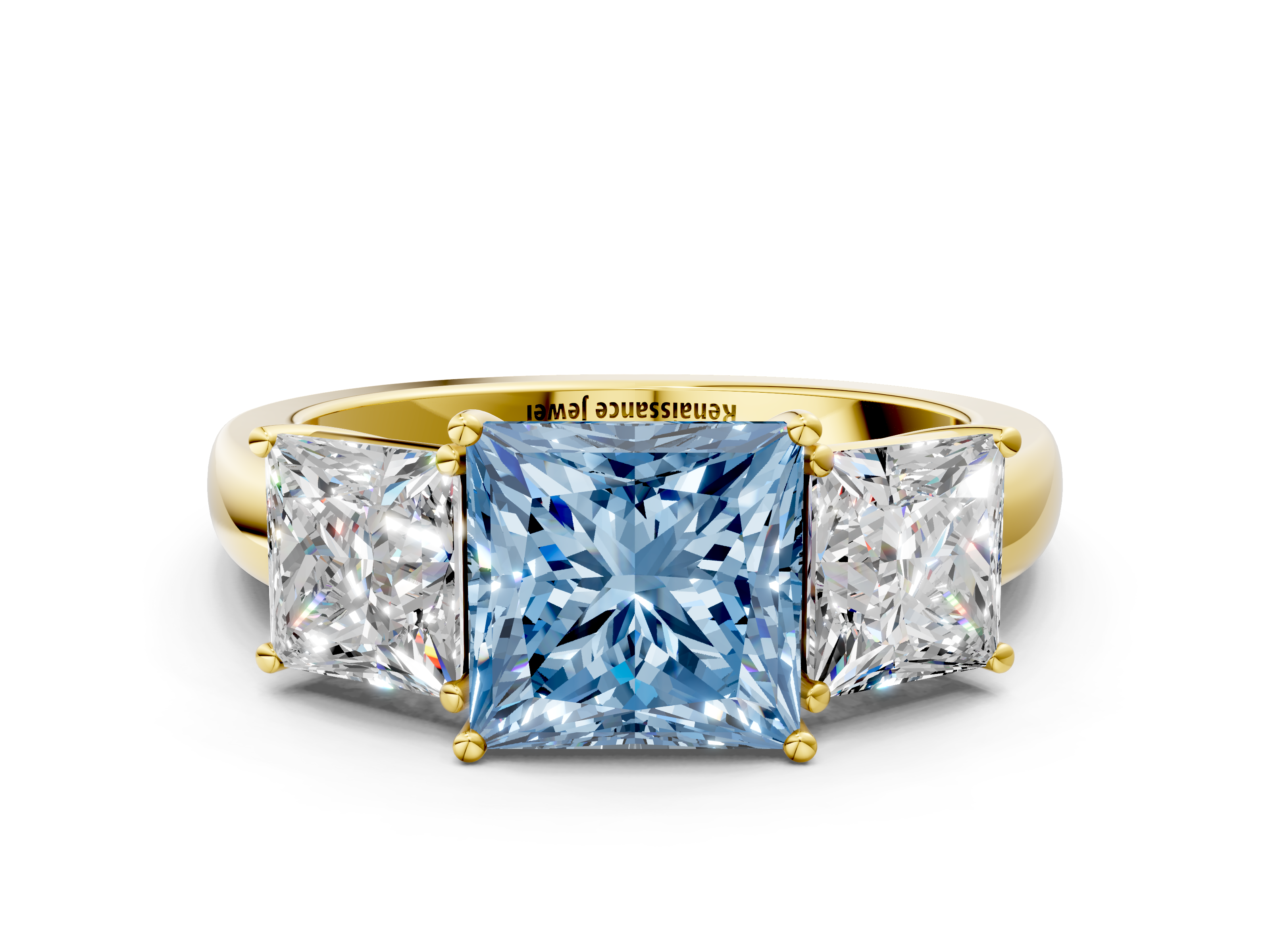 Yellow gold Three-Stone Fancy Blue Princess  Cut Diamond Ring with Channel-Set Band and Four-Prong Setting_32