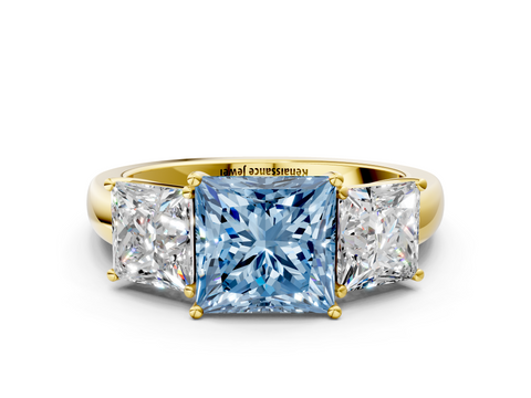 Yellow gold Three-Stone Fancy Blue Princess  Cut Diamond Ring with Channel-Set Band and Four-Prong Setting_32