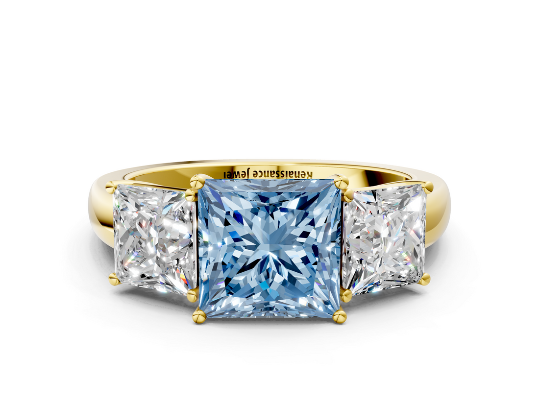 Yellow gold Three-Stone Fancy Blue Princess  Cut Diamond Ring with Channel-Set Band and Four-Prong Setting_49