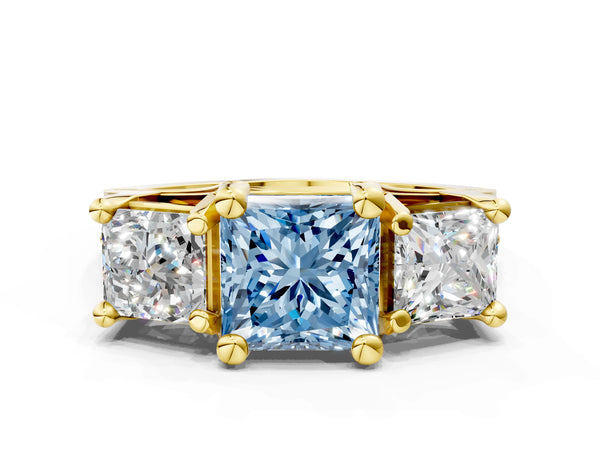 Yellow gold Fancy Blue Princess Cut Diamond Three-Stone Ring with Channel Set Band and Four-Prong Setting
