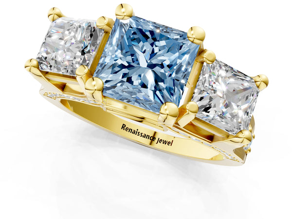 Yellow gold Fancy Blue Princess Cut Diamond Three-Stone Ring with Channel Set Band and Four-Prong Setting