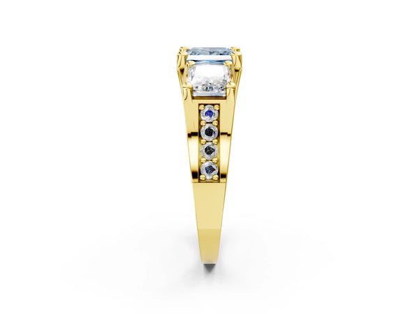 Yellow gold Fancy Blue Princess Cut Diamond Three-Stone Ring with Channel Set Band and Four-Prong Setting