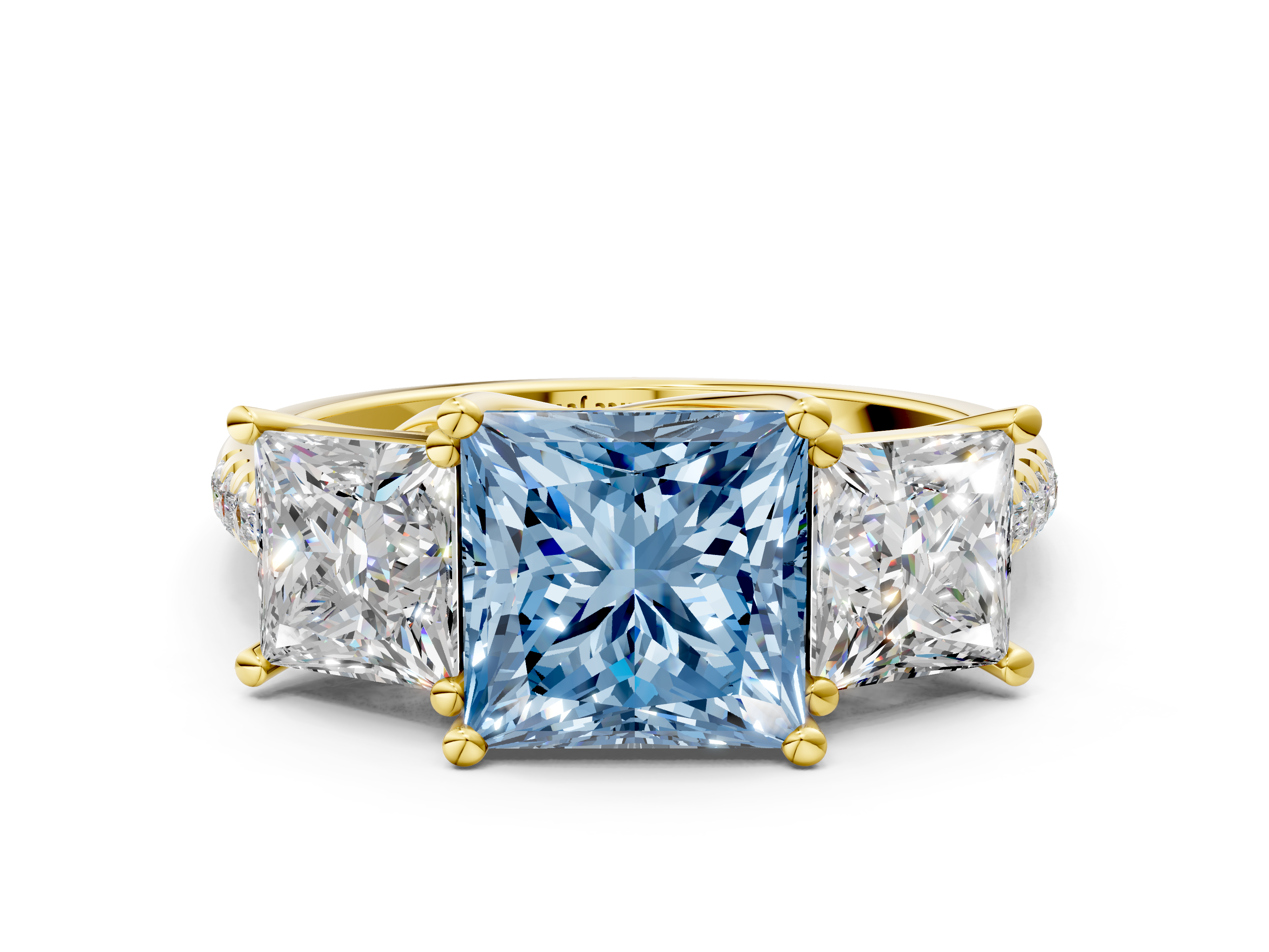 Yellow gold Three-Stone Fancy Blue Princess  Cut Diamond Ring with Pavé Band and Prong Setting_51