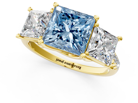 Yellow gold Three-Stone Fancy Blue Princess  Cut Diamond Ring with Pavé Band and Prong Setting_52