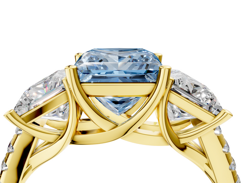 Yellow gold Three-Stone Fancy Blue Princess  Cut Diamond Ring with Pavé Band and Prong Setting_55