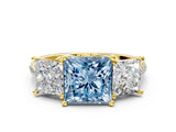 Yellow gold Three-Stone Fancy Blue Princess Cut Diamond Ring with Pavé Band and Prong Setting_68