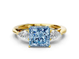 Yellow gold Three-Stone Fancy Blue Princess Cut Diamond Ring with Pear  Side Stones in Four-Prong Setting_12