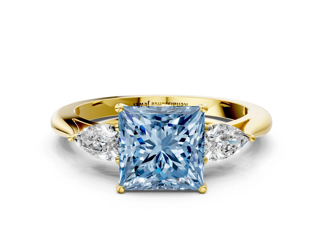 Yellow gold Three-Stone Fancy Blue Princess Cut Diamond Ring with Pear  Side Stones in Four-Prong Setting_48