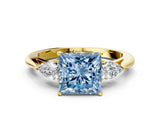 Yellow gold Three-Stone Fancy Blue Princess Cut Diamond Ring with Pear  Side Stones in Four-Prong Setting_48