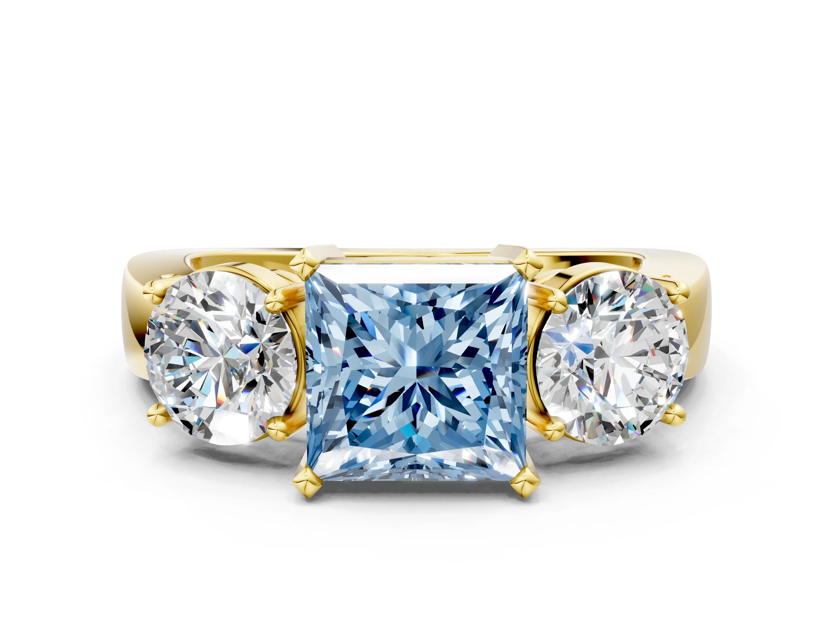 Yellow gold Three-Stone Fancy Blue Princess Cut Diamond Ring with Round Side Stones, Classic Band, and Four-Prong Setting