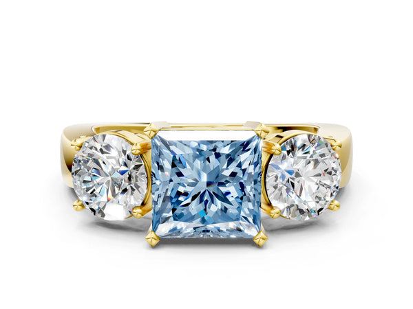 Yellow gold Three-Stone Fancy Blue Princess Cut Diamond Ring with Round Side Stones, Classic Band, and Four-Prong Setting