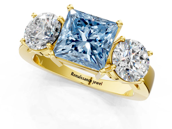 Yellow gold Three-Stone Fancy Blue Princess Cut Diamond Ring with Round Side Stones, Classic Band, and Four-Prong Setting