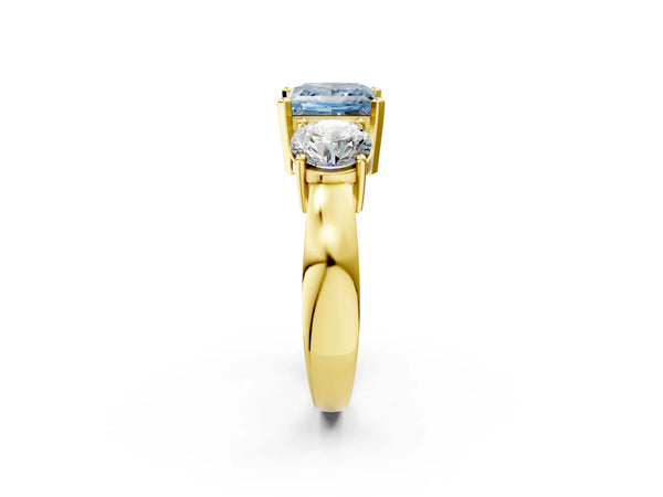 Yellow gold Three-Stone Fancy Blue Princess Cut Diamond Ring with Round Side Stones, Classic Band, and Four-Prong Setting