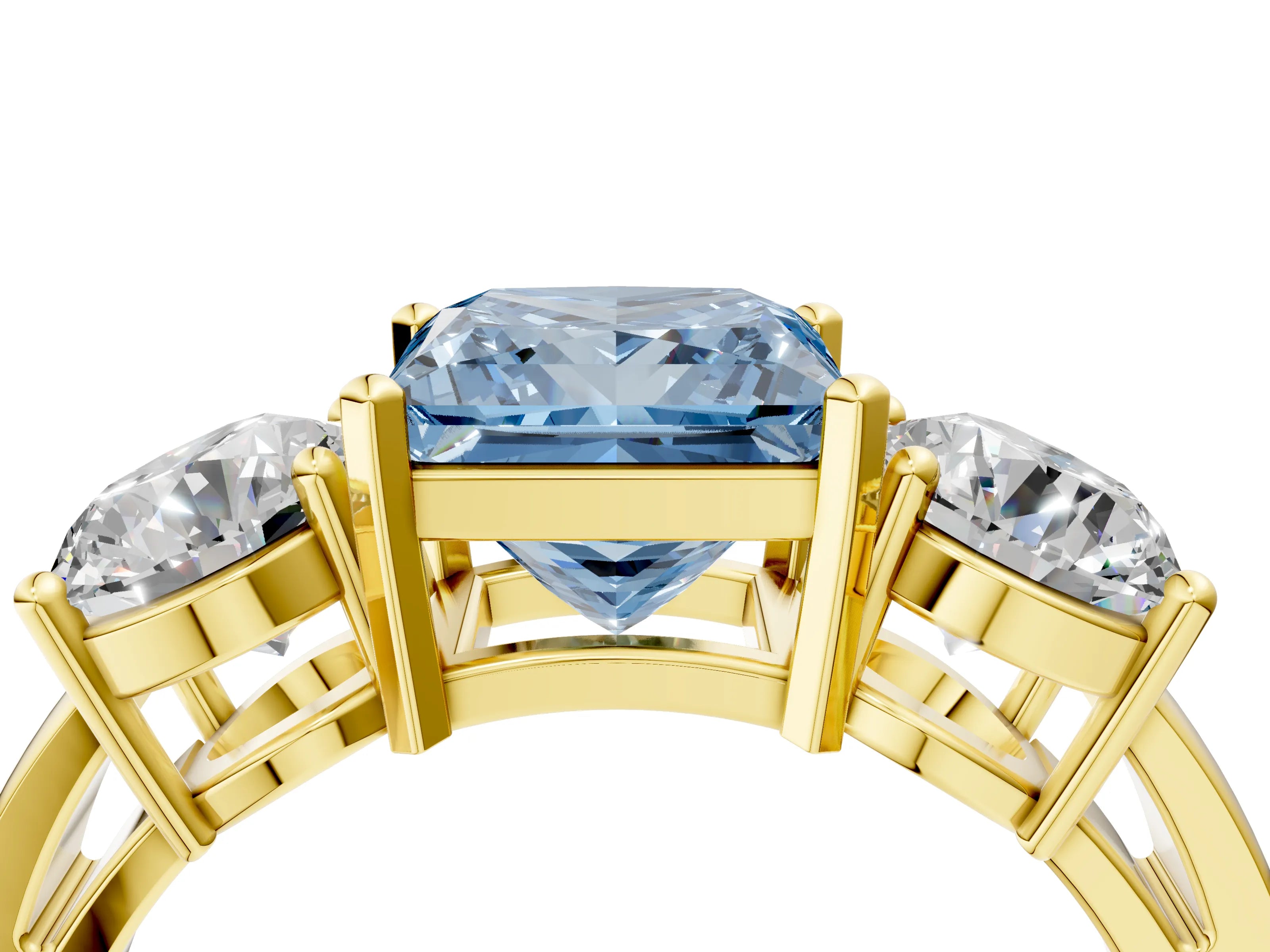 Yellow gold Three-Stone Fancy Blue Princess Cut Diamond Ring with Round Side Stones, Classic Band, and Four-Prong Setting_4