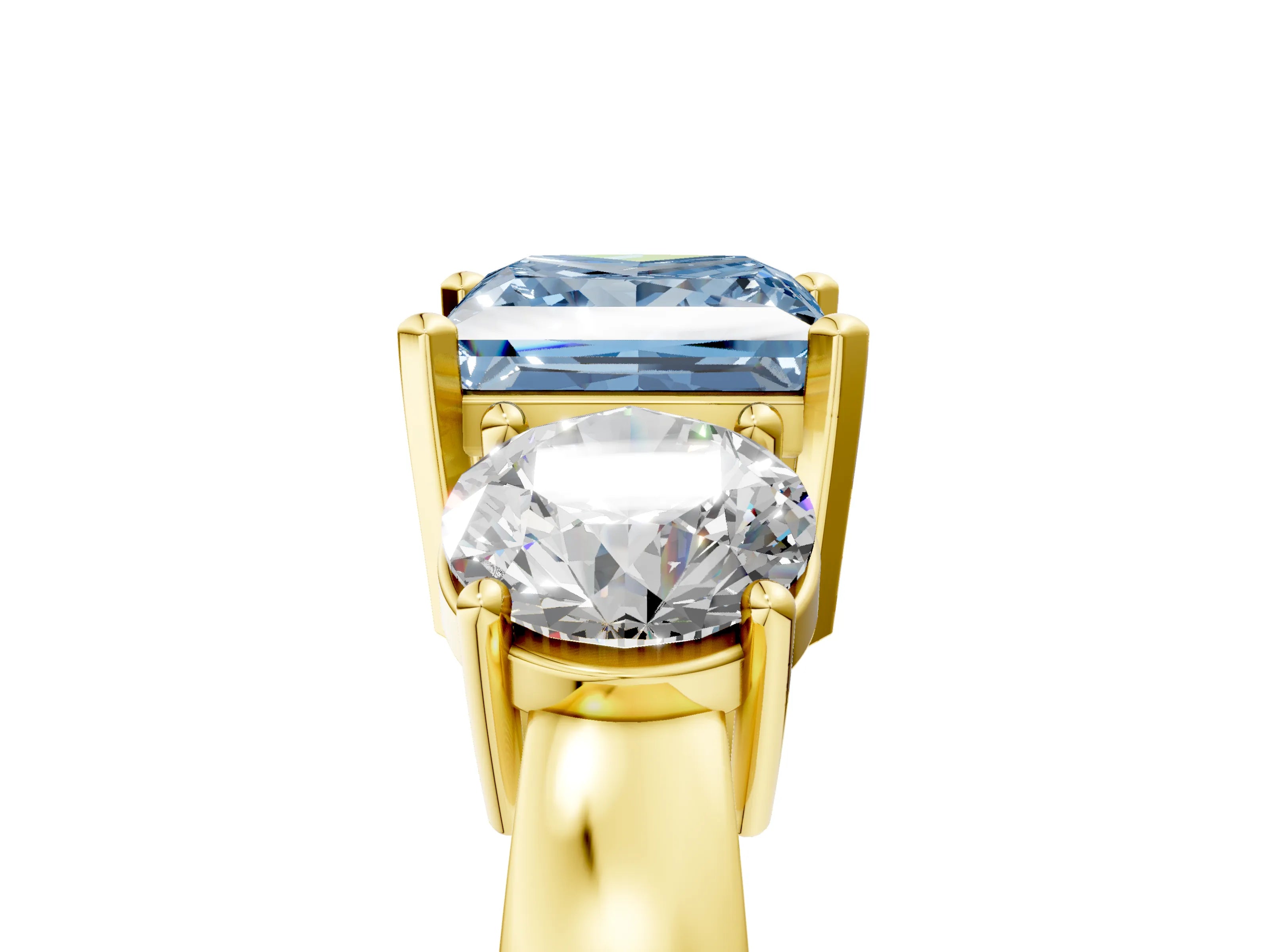 Yellow gold Three-Stone Fancy Blue Princess Cut Diamond Ring with Round Side Stones, Classic Band, and Four-Prong Setting_5