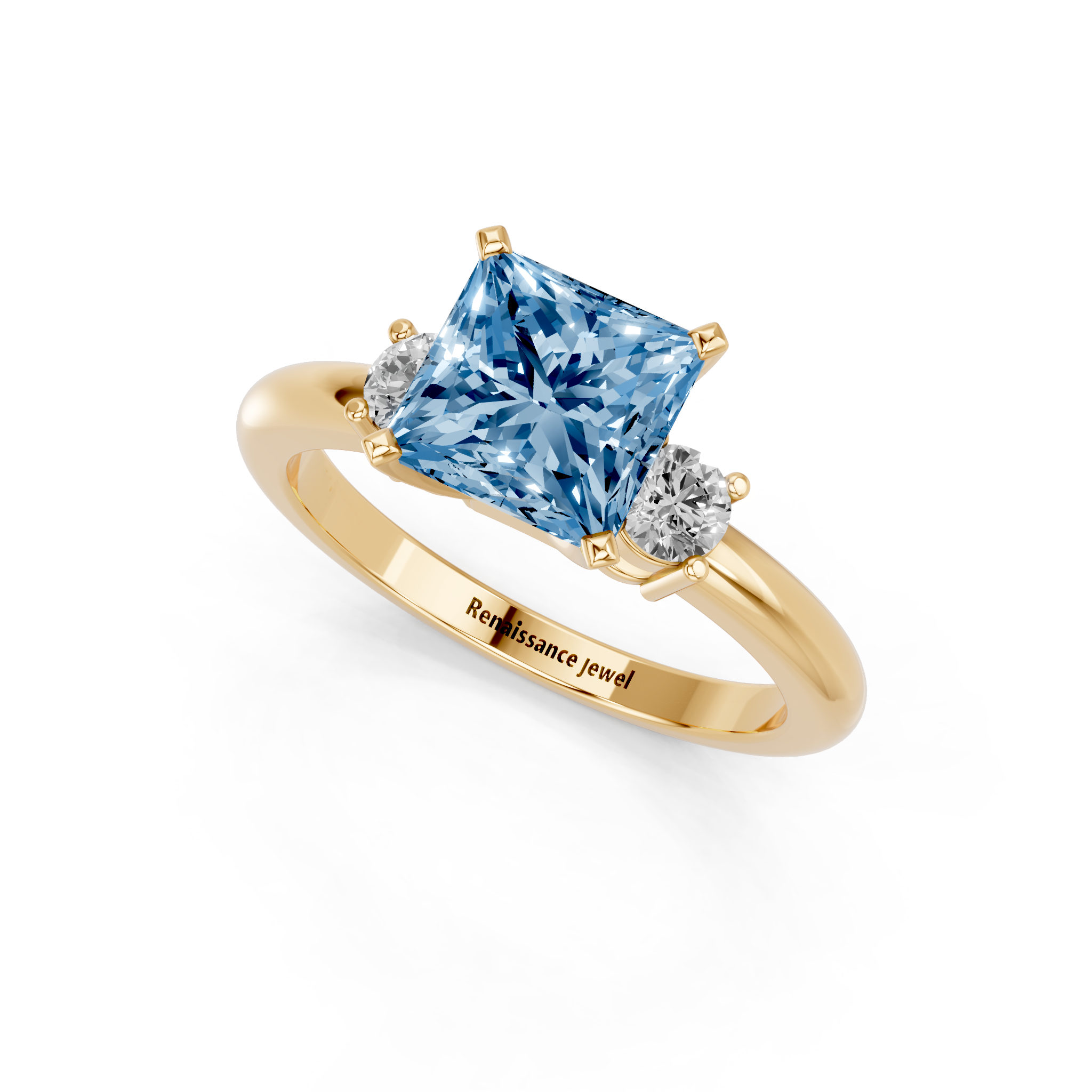 Yellow gold Three-Stone Fancy Blue Princess  Cut Diamond Solitaire with Prong Setting and Classic Band_3
