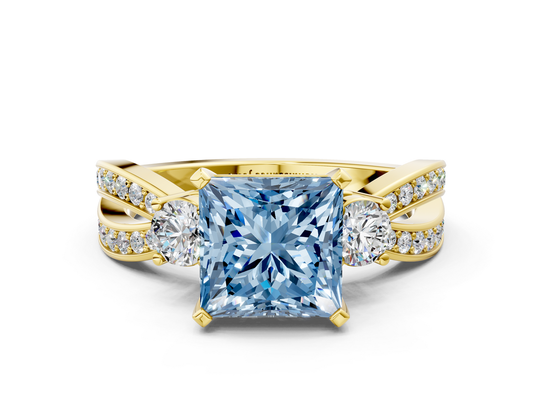 Yellow gold Three-Stone Fancy Blue Princess  Cut Diamond Twist Band with Prong Setting_34